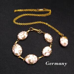 German Pink Gold Glitter Robins Egg Bracelet & Necklace, 1950s Vintage Jewelry